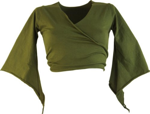 GURU SHOP Elfen Top, Top Goa-chic, Wickeltop - Olive, Damen, Baumwolle, Size:M