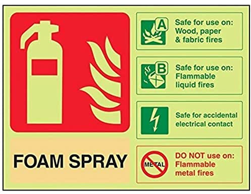 V Safety 11024AR-G Glow In The Dark Foam Spray Id Electrical Safe Fire Extinguisher Sign - 200mm x 150mm - Rigid Plastic, Beige/Black/Green/Red