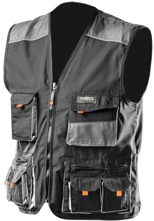 NEO TOOLS Weste Arbeitsweste Größen S-XXL | Grau/Schwarz, Arbeitsbekleidung Berufskleidung, Weste aus starkem Oxford-Stoff, Reflexionsweste (XXL)