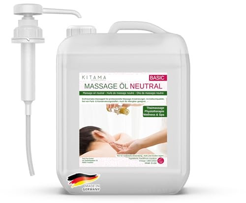 Kitama Massageöl Neutral 5-Liter mit Hebepumpe DIN 45 - Professionelles Massage Öl für Physiotherapie Massage Thaimassage - Duftneutral, ohne Farb- & Konservierungsstoffe