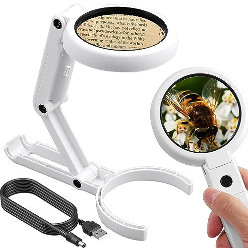 eSynic 5 x 11 x faltbare Lupe, professionelle 2-in-1-Hand- und Desktop-Lupe mit 8 LED-Lichtern und Ständer, tragbare Lupe, perfekt für Hobbys, Lesen, Basteln, Nähen, Handwerk usw.