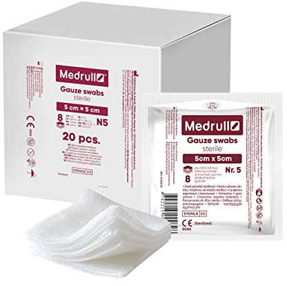 Medrull Mulltupfer Steril Kompressen 5cm x 5cm Nicht klebende Wundauflagen - Extra saugfähig - 8-lagig Verpackt 5 Stück - 20 Papierbeuteln (100 Stück)
