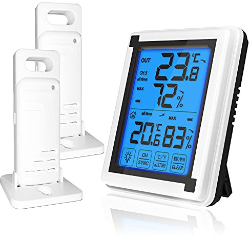 ThreeH Digital hygrometer trådlös utomhustermometer fuktighetsmätare med 2 sensorer, hygrometer, rumstermometer för hemmakontor (2 sensorer)