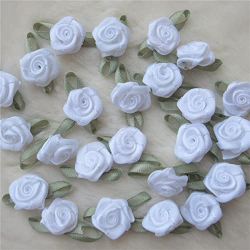 100 st 25 mm x 15 mm flerfärgade mini rosblommor satin band rosetter applikationer gör-det-själv sömnad hantverk tillbehör bröllop brud gåva dekoration (vit)