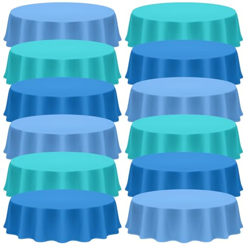 Amylove 12 Pcs Ocean Theme Round Tablecloth,disposable Assorted Blue Tablecloth, Plastic Round Light Blue Table Covers for Under the Sea Beach Surf Ocean Pool Party Birthday Party Decoration, 84 Inch