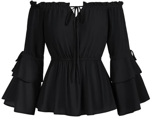 Skarlet Darkness dam renässans volangblus elastisk midja medeltida blus, svart, XXL