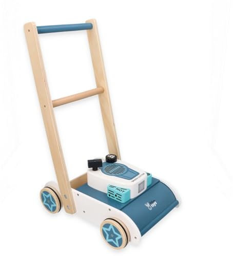 Holz Schieberasenmäher für Kinder ab 3 Jahren - Laufspielzeug mit Sound - 36x26x55 cm - Lauflernhilfe Rasenmäher Spielzeug - Gartengeräte