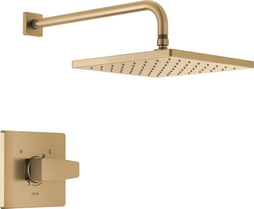 Delta Modern 14 Series Square Rain Shower Faucet Set, Brushed Gold Shower Head and Handle Set, Valve Trim Kit, Champagne Bronze T14268-CZ-PP (Valve Not Included)