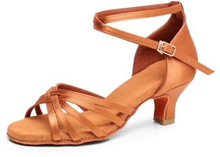 QUNUNOIRE-Scarpe da Ballo Latino Americano/Salsa Ballo/da Sala per Donna in Raso 5cm/7cm Marrone Stile1 36EU