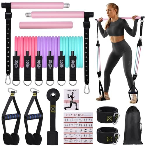 Kit Barre de Pilates avec 6 Bandes de Résistance Élastique, Kit Elastique Musculation pour Homme et Femme, Smartworkout pour Yoga Fitness Squat Étirement