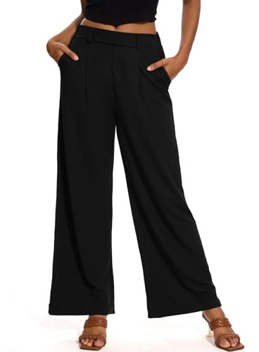 M MOTEEPI Hosen Damen Weite Hose Schwarz Palazzo Hose Stoffhose Elegant Freizeithose Weites Bein Damen mit elastischem Bund Business L