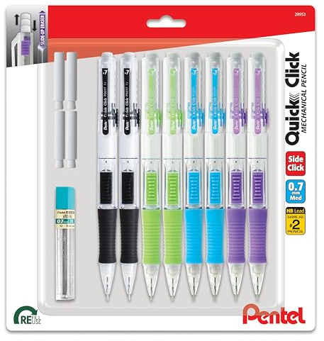 Pentel Quick Click Mechanical Pencil, (0.7mm), Includes Refill Lead and Erasers, Pack of 8 Pencils (PD217LEBP8)