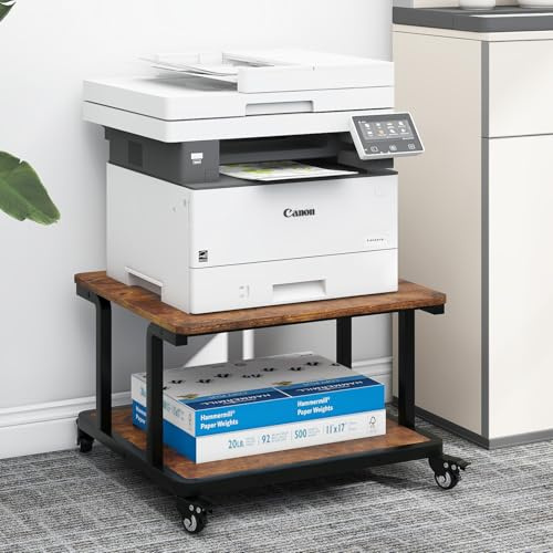PUNCIA 2-Tier Laser Printer Stand with Storage Shelf 60x50x38cm Large Printer Table Movable Copier Stand Under Desk Heavy Duty Rolling Cart Printer Holder on Wheels for Home Office (Retro)
