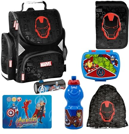 PASO - Schulranzen für Jungen, 7er-Set - Schul-Rucksack für Kinder mit Federmäppchen - Schuhbeutel Brotdose und Trinkflasche - Avengers Motiv - 1-3 Klasse