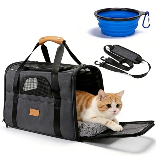 Transportväska för Katt / Hund, Katttransportlåda upp till 6,8 kg, Hundtransportlåda 45 x 35 x 32 cm, Hundbärväska med 4 sidonät och vattenskål och axelrem, Lämplig för små katter och hundar