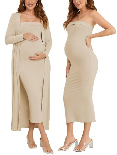 Ecavus Maternity Tube Dress Long Cardigan 2 Piece for Baby Shower and Wedding Guest Ribbed Maternity Photoshoot Dresses Oatmeal