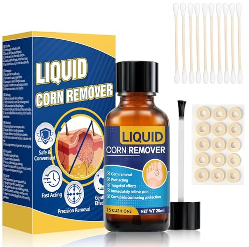 Corn and Wart Remover for Feet, Gentle Fast-Acting Foot Care Liquid for Corns, Calluses and Common Warts, Helps Smooth Rough Skin, 20ml with Cushions and Swabs (Clear)