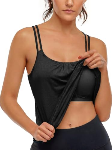 Fisoew Camiseta de tirantes para mujer, sin mangas, tirantes delgados, con sujetador integrado, para deporte, yoga, gimnasio