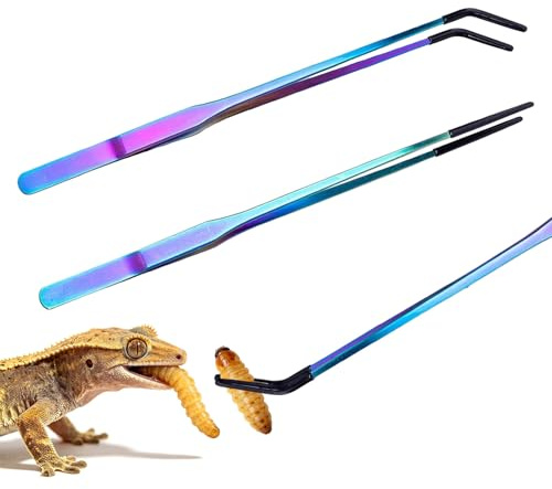 2 PCS Reptile Feeding Tongs Set - 10.6 Inch Feeding Tongs with Rubber Tip, Stainless Steel Straight and Curved Snake FeedingTongs for Reptile Care and Handling