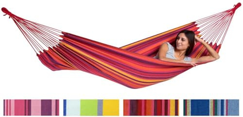 AMAZONAS Tahiti Hamaca | Resistente a la Intemperie y a los Rayos UV | Material EllTex Suave y Acogedor | Colores Brillantes y Cuerdas Extra largas | de Descanso 200x100cm | hasta 120 kg (Vulcano)