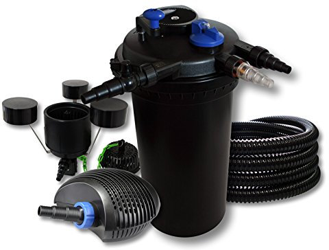 SunSun Kit complet: CPF-15000 Filtre de bassin à pression jusqu’à 30000 L avec 18 Watt lampe uv, CTF-6000 SuperECO pompe de filtration 6000l/h 40W, 25m Tuyau 25 mm, CSP-250 Écumeur 2500l/h 45W