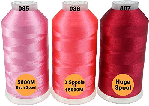 New brothread Set of 3 Pink/Rose/Carmine Colors Polyester Machine Embroidery Thread Huge Spool 5000M for All Embroidery Machines