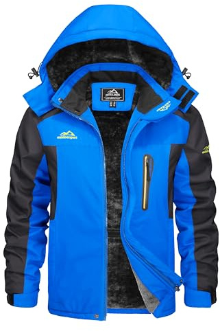 KEFITEVD Vattentät skidjacka för män softshell fleece snowboardjackor fiske vandringsrock med avtagbar huva, Himmelsblått, L