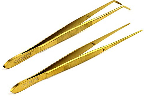 O'Creme Gold Stainless Steel Precision Kitchen Culinary Fine-Tip Tweezer Tongs, 1 Curved and 1 Straight