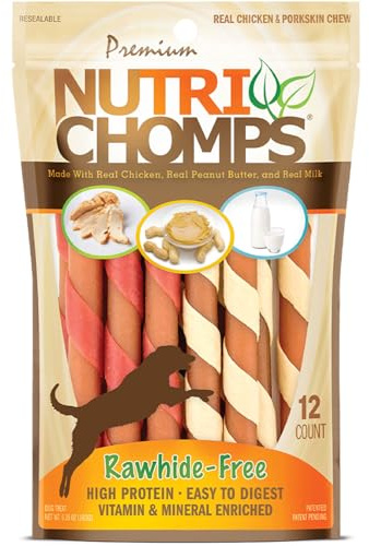 Nutri Chomps Rawhide Free Dog Chews, Chicken/PB/Milk, 5in Twists, 12ct