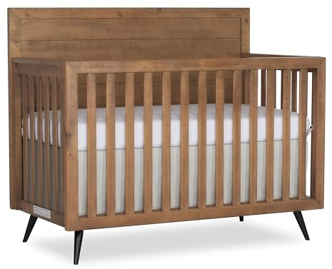 Evolur Stilnovo Mid-Century 4-in-1 Convertible Crib in Sugarcane – Greenguard Gold Certified, Solid Wood Construction, 3 Mattress Heights – Converts to Toddler, Daybed & Full-Size Bed