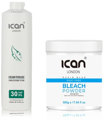 ICAN LONDON PROFESSIONAL CREAM PEROXIDE 30 VOL 9% 1000 ML + RAPID BLUE POWDER BLEACH (JAR) 500 G SET