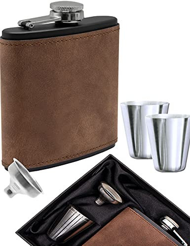 OUTDOOR SAXX Set fiaschetta effetto pelle selvatica, 175 ml + 2 bicchieri, imbuto in confezione regalo