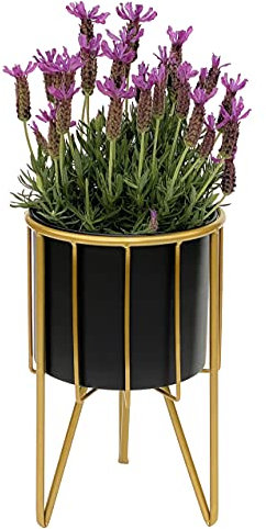 DanDiBo Sgabello per fiori con vaso, in metallo dorato, nero, rotondo, S 31,5 cm, 96042