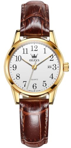 OLEVS Montres à quartz analogique pour femme avec chiffres faciles à lire, bracelet en cuir marron réglable, Couleur : blanc.,