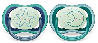 Philips AVENT ultra air Nighttime Schnuller – 2er Pack, BPA-freier, atmungsaktiver, im Dunkeln leuchtender Schnuller für Babys von 6-18 Monaten, inklusive Transport und Sterilisationsbox, Sterne/Mond