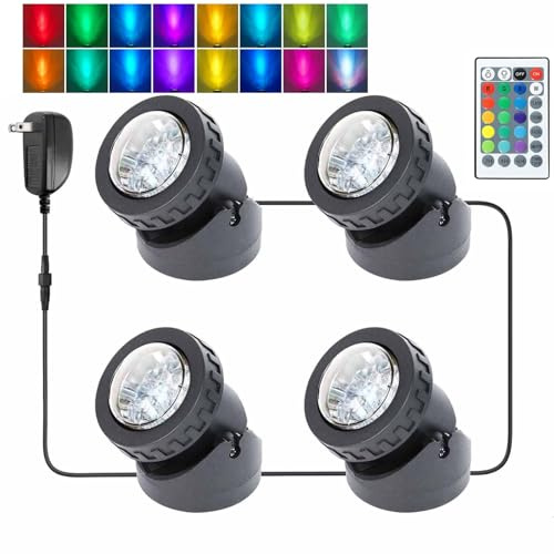 yoosuml Pond Lights Colored with Timer, Submersible LED Fountain Light Spot Lights Waterproof Memory Dimmable Outdoor Spotlights for Yard Landscape Water Pond Fountain Waterfall, 4 in Set