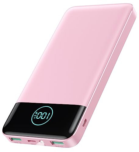 AXNEB Power Bank 13 800 mAh, ultratunn och lätt bärbar laddare med LCD-skärm, 3A PD USB-C ingångar och utgångar Powerbank med LED-ficklampa externt batteri för iPhone Samsung Huawei Xiaomi-rosa