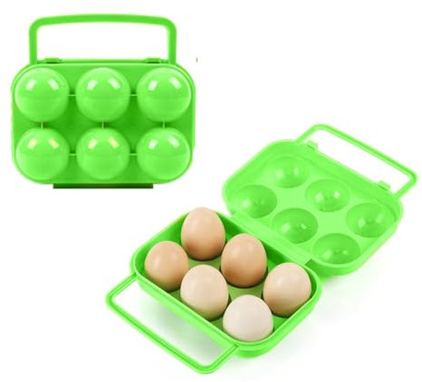 2 Stück Eierbehälter Aus Kunststoff, 6 Gitter Kunststoff Eierbox Eier Aufbewahrungsbox mit Griff Tragbare Eier Behälter Eierträger für Outdoor Picknick Camping Wandern, Grün