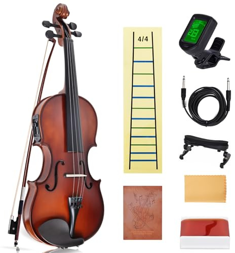 Electric/Acoustic Violin with Ebony Accessories - Perfect for Stage & Practice with Carrying Case, Violin Bow, Bridge, Rosin, Shoulder Rest, Stickers, Tuner, Instruction, Handcraft with Maple, Spruce