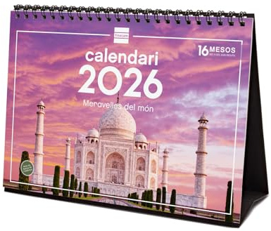 Finocam - Calendrier de bureau 2026 mois vue janvier - décembre 2026 + sept. - Déc. 2025 (4 mois) réduits | Calendrier 2026 | Images Merveilles du monde - Catalan