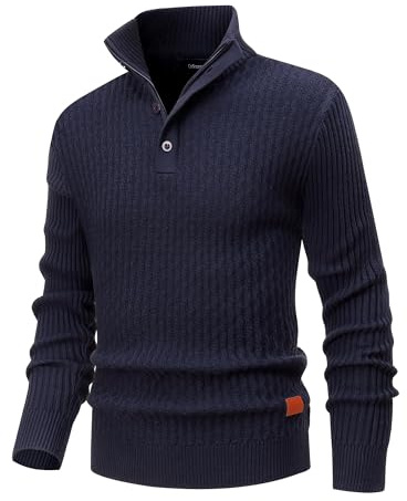 CoXuantion Pull Homme d'hiver Pullover Col Montant Chaud Pull Quart de Bouton Chandail en Tricoté Casual Couleur Unie Manches Longues 1/4 Zip Sweater L,Bleu