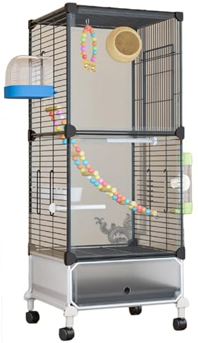 38 Inch Grande Gabbia Voliera Per Uccelli Pappagalli Con Ruote, Doppio Strato Canarini Voliera Per Uccelli Con Vassoio, Interieur Gabbia Uccelli Per Perroquets(Black Transparent)