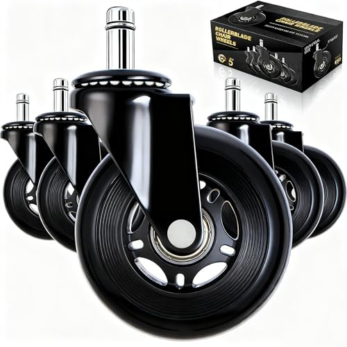 Huracan Set di 5 Ruote per Sedia da Ufficio, 11 mm x 22 mm, Rotelle di Ricambio Universali per sedie da ufficio e da gioco, ruote da 3 pollici, ruote girevoli a 360°, Ruote in Gomma PU