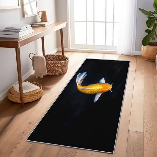Generico Tappeto Da Corridoio Antiscivolo 60 x 180 cm, Tappeto Lungo Nero Da Cucina Lavabile Motivo Carpa Koi Dorata Per Ingresso Camera Da Letto Lavanderia Soggiorno