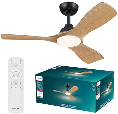 Philips Olas Ventilador de Techo con Luz LED, 3 aspas, Diámetro 107 cm, 2650 Lúmenes, Luz Blanca Ajustable de 3000 K a 6500 K, Regulable al 5%, Mando a Distancia Incluido, Negro/Madera