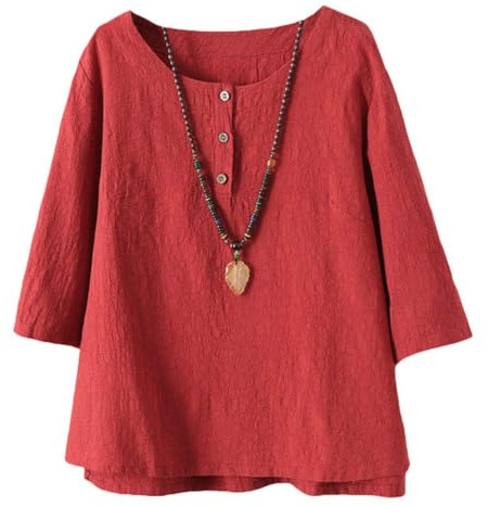 Minibee Women's 3/4 Sleeve Cotton Linen Jacquard Blouses Top T-Shirt Red L