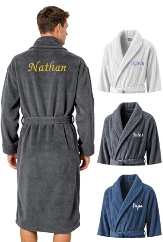 KDO MAGIC Peignoir homme personnalisé - Sortie de bain brodé avec un prénom - Matière éponge - Plusieurs coloris - Cadeau Saint-Valentin, anniversaire, fête des pères (S, Anthracite)