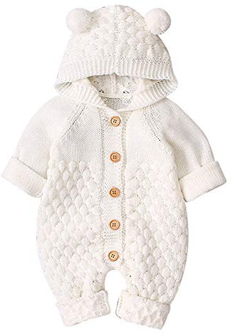 Neugeborene Baby Mädchen Jungen Kleidung Langarm Gestrickt Kapuze Strampler Body Overall Jacke Frühchenkleidung Erstausstattung Babysachen Set Herbst Winter Babykleidung Weiß 0-6 Months