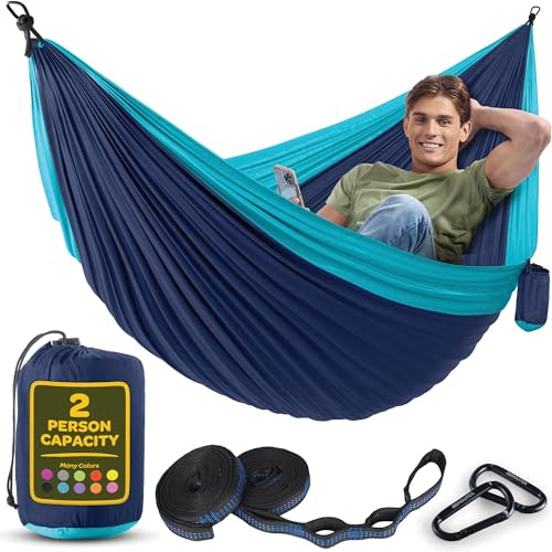 Durable Hammock 500 lb Capacity, Nylon Camping Hammock Chair - Double or Single Sizes w/Tree Straps and Attached Carry Bag - Portable for Travel/Backpacking/Beach/Backyard (Large, Blue & Light Blue)