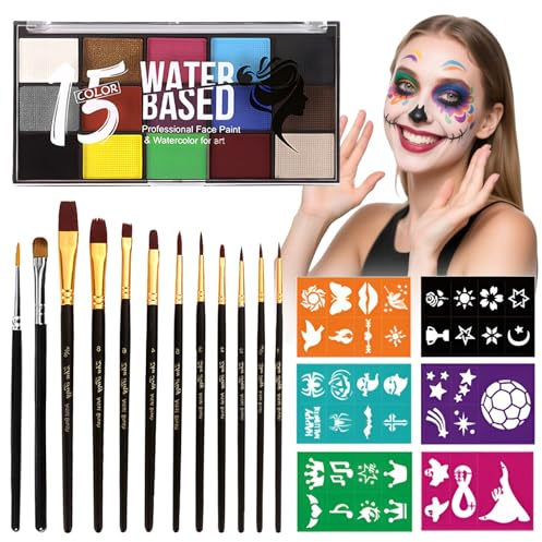 Face Painting Kit Non-Toxic Body Paint Washable 15 Colors Face Paint Makeup Palette for Adults with 12 Paint Brushes & Stencils for Halloween Party Cosplay Makeup